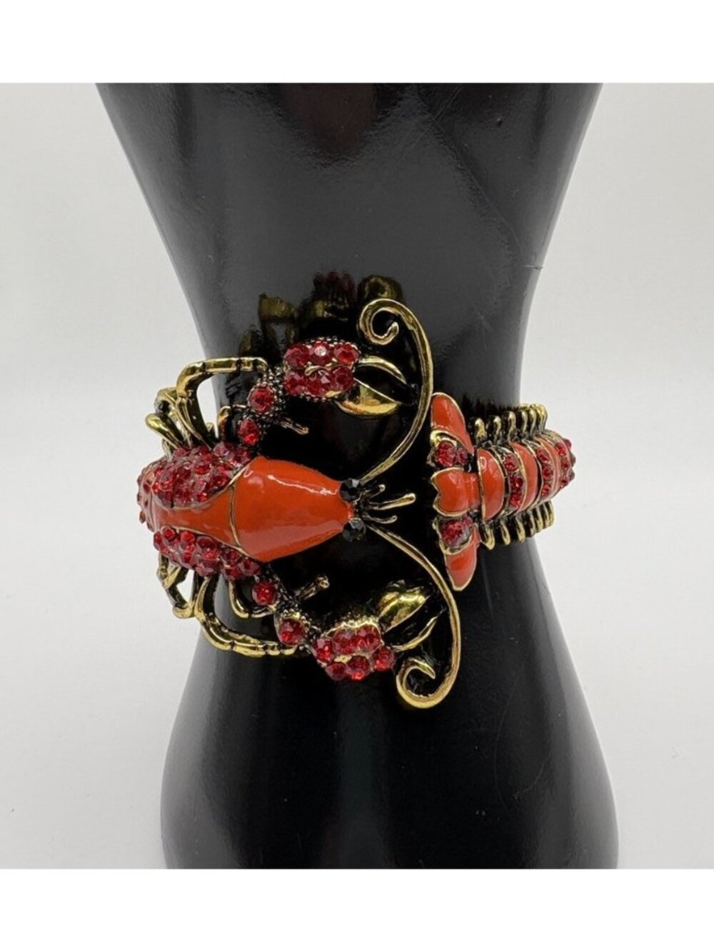 Gold Tone Red Lobster Cuff Bracelet Sea Creature Animal Ocean Beach